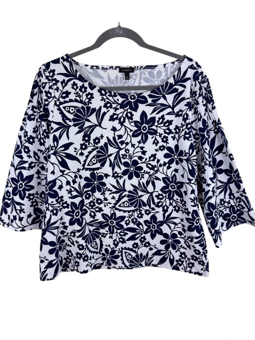 Talbots Womens Navy White Floral Boat Neck 3/4 Sleeve Knit Top Large VN259